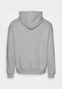 Szara bluza z kapturem ze sznurkiem, długimi rękawami i ściągaczami na mankietach. Wykonana z miękkiego materiału, z gładką fakturą na plecach.