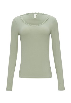 Hellgrünes Langarmoberteil aus geripptem Material. Verfügt über einen wellenförmigen Ausschnitt und eine taillierte Silhouette. Minimalistisches Design ohne Muster.