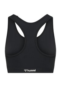 Czarny sportowy biustonosz typu racerback z szerokimi ramiączkami i logo „hummel” na środku dolnej taśmy.
