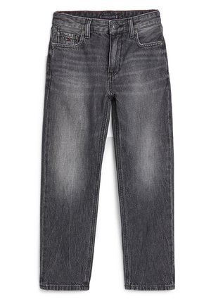 Ciemnoszare proste dżinsy z wyblakłymi detalami, z przodu guziki, zapięcie na zamek oraz pięciokieszeniowy design.