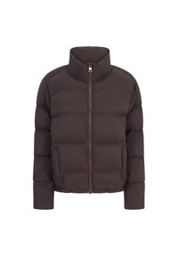Brown puffer jacket with a high collar, front zipper, and quilted design; features long sleeves and a boxy silhouette.