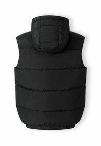 Schwarze Daunenweste mit Kapuze, die über ein gestepptes Design und elastischen Saum verfügt. Das Material ist glatt und isoliert für Wärme.