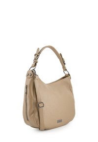 Sac à épaule en cuir beige avec une texture lisse, doté d'une poche latérale zippée et d'une bandoulière amovible avec boucle réglable.