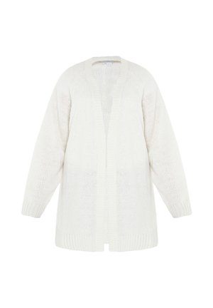 Hvid strikket cardigan med løs pasform, V-hals, sænkede skuldre og ribbestrikket bund. Fremstillet af blødt, tekstureret stof. Åben frontdesign.