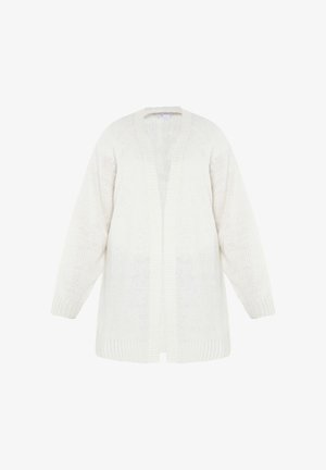 Bílý pletený svetr s volným střihem, výstřihem do V, spadlými rameny a žebrovaným lemem. Vyrobeno z měkké, strukturované látky. Otevřený přední design.