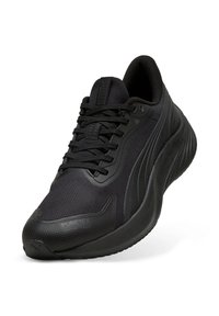 Schwarzer Sportschuh mit strukturiertem Obermaterial, glatten Akzenten und einer geformten Sohle. Verfügt über ein Schnürsystem und eine Gummikappe an der Zehe für Langlebigkeit.