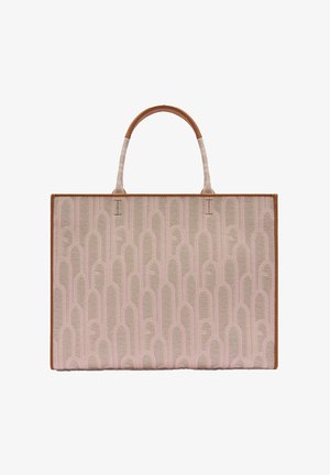 Sac fourre-tout rectangulaire beige et rose à motif avec garniture en cuir marron et doubles poignées supérieures, debout sur fond blanc.