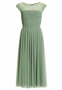 Robe midi vert sauge avec corsage froncé, manches courtes transparentes et jupe plissée fluide.