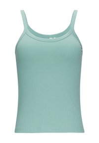Hellgrünes, geripptes Tanktop mit schmalen Trägern und rundem Ausschnitt, das eine taillierte Passform und eine weiche Textur aufweist.
