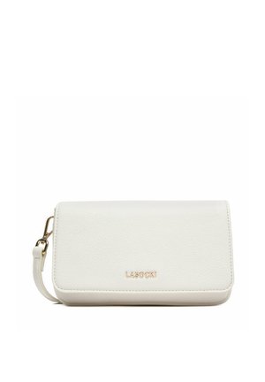 Bílá texturovaná kožená peněženka na zápěstí se zlatým kovovým zapínáním a logem "LASOCKI" na předním klopě.
