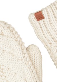 Gestrickte Fäustlinge in Creme mit einem strukturierten Muster und einem Lederetikett mit dem Markennamen. Dickes Garn sorgt für Wärme und Komfort.