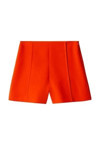 Klare orange tilpassede shorts med forside-syninger og en sidedragt, vist på en hvid baggrund.