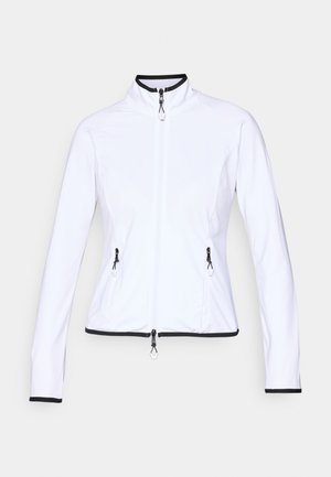 Bela zip-up jakna s stojnim ovratnikom, črnimi robovi na manšettah in dnu, z dvema sprednjima žepoma na zadrgo ter gladko, elastično teksturo.