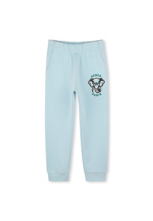 Lichtblauwe trainingsbroek met een elastische tailleband, zijzakken en een zwart-groene olifantenprint. Boorden bij de enkels.