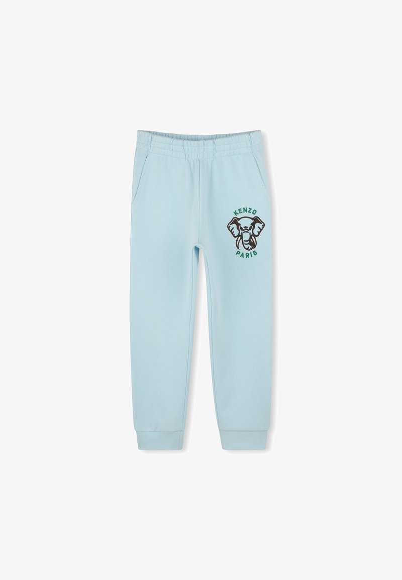 Pantalons de survêtement bleu clair avec une taille élastique, des poches latérales et un graphique d'éléphant noir et vert. Poignets aux chevilles.