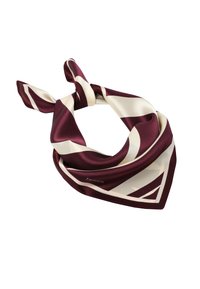 Eșarfă din mătase în nuanțe de burgund și crem, cu modele geometrice. Prezintă o textură netedă și o formă triangulară, cu un design legat.