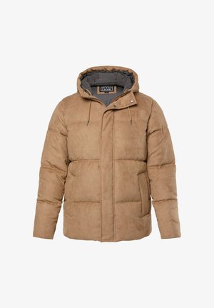 Sneaker-vest vinterjakke med hætte, snore, frontlynlås, trykknapper og sidelommer, designet til koldt vejr.