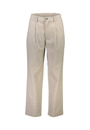Beige ullblandning byxor med rak klippning, med två framveck, knappstängning och sidofickor. Slät yta.