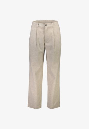 Beige Wollmischungshose mit geradem Schnitt, ausgestattet mit zwei vorderen Falten, einem Knopfverschluss und Seitentaschen. Glatte Textur.