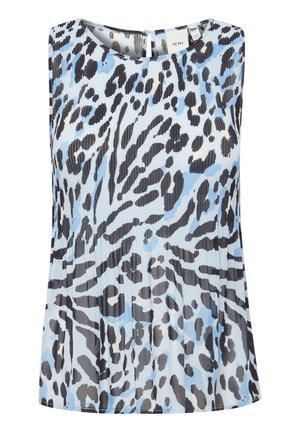 Ärmelloses Oberteil in Hellblau mit einem schwarzen und grauen Leopardenmuster. Verfügt über einen runden Halsausschnitt und eine gefaltete Textur am Saum.