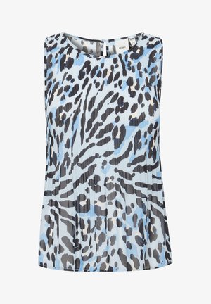 Bezrękawnik w jasnoniebieskim kolorze z czarnym i szarym nadrukiem w panterkę. Posiada okrągły dekolt oraz plisowany fason u dołu.