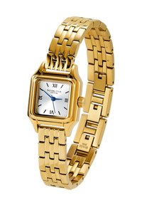 Montre en acier inoxydable doré avec un cadran blanc carré, des aiguilles bleues, des chiffres romains noirs et un bracelet à maillons. Marque : Victoria Hyde.