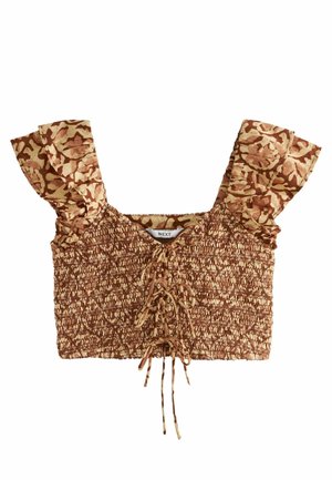 Haut court marron et beige à motifs avec corsage froncé, manches courtes bouffantes et détail à lacets sur le devant.