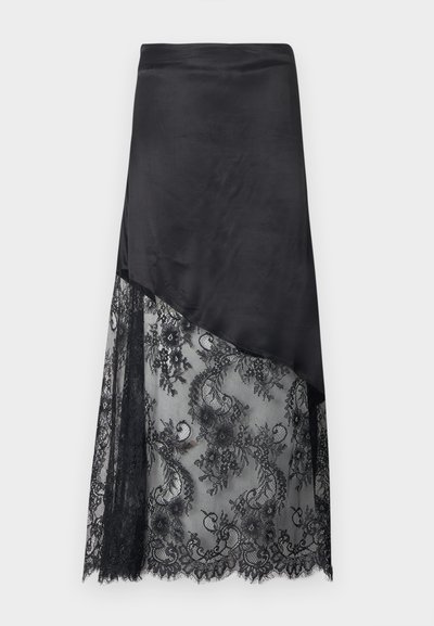 Μαύρη ασύμμετρη φούστα με μονόχρωμη σατέν κορυφή και διαφανές δαντελωτό φλοράλ επικάλυμμα στο κάτω μισό.