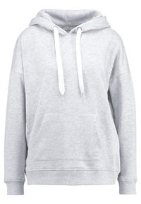 Sudadera con capucha de color gris claro con un bolsillo frontal, cordones blancos y puños acanalados. Confeccionada con un tejido suave y texturizado para mayor comodidad.