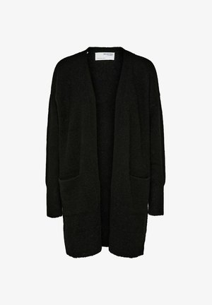 Black cardigan made of soft, textured material, open front design, long sleeves, and two front pockets. Simple and versatile style.