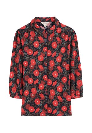 Red floral shirt featuring a navy background, button-down front, curved collar, and 3/4 sleeves with gathered details. Lightweight fabric.