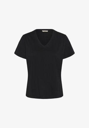 Zwart katoenen T-shirt met korte mouwen, V-hals en normale pasvorm, eenvoudig ontwerp en "Love Copenhagen" label aan de binnenkant van de kraag.