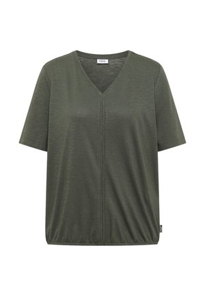 Haut à manches courtes pour femme, col en V, couleur vert olive, avec une couture centrale et un ourlet élastiqué, fabriqué en tissu doux et léger.