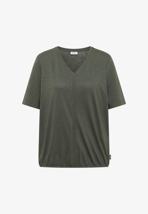 Haut à manches courtes pour femme, col en V, couleur vert olive, avec une couture centrale et un ourlet élastiqué, fabriqué en tissu doux et léger.