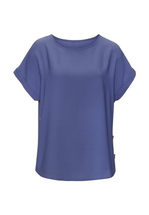 Kurzärmeliges, locker geschnittenes lila Blusentop mit hochgekrempelten Manschetten und rundem Ausschnitt, auf weißem Hintergrund präsentiert.