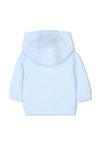 Lichtblauwe hoodie gemaakt van zacht materiaal, met een dubbel gestikte capuchon, ribgebreide boorden en onderrand, en een eenvoudige achterkant.