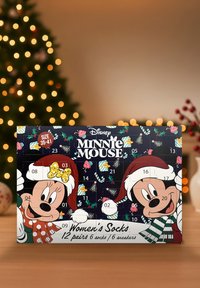 Calendario dell'Avvento di calzini Disney Minnie Mouse, con vivaci illustrazioni di Minnie e Topolino in cappelli da Babbo Natale su uno sfondo scuro.