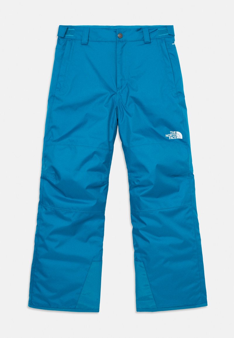 Calças de neve azuis isoladas com abas de cintura ajustáveis, bolsos laterais e o logótipo da The North Face na coxa direita.
