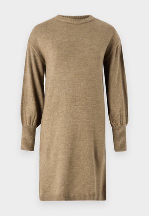 Kootud beež kleit ümmarguse kaelusega ja keskmise pikkusega puhvvarrukatega. Ribakujulised mansetid ja ääred, millel on tekstureeritud kangas.