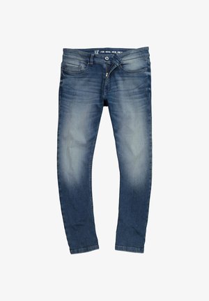 Blå cowboybukser med en falmet vask, design med lige ben, forlommer og lynlåslukning foran. Syning langs sømmene.