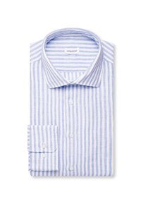 Chemise habillée à manches longues rayée verticalement bleu clair et blanc, pliée avec col et poignets visibles, étiquetée "seidensticker."