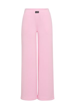 Roze wijde broek met elastische tailleband en een klein zwart rechthoekig LSCN-logo op de voorkant in het midden.
