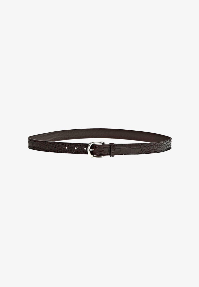 Dark brown leather belt with crocodile pattern, silver buckle, and three adjustment holes visible on a white background.