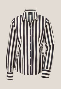 Gestreept overhemd met verticale marineblauwe en witte strepen, lange mouwen, een puntige kraag en knoopdetails op de manchetten.