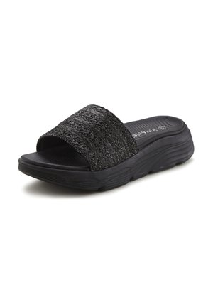 Schwarze Rutschsandalen mit einem strukturierten, gewebten Riemen und flexibel gefütterter Gummisohle. Das Design ist offen an den Zehen und verfügt über ein gepolstertes Fußbett.