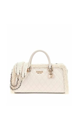 Quilted cream handbag with faux fur trim, silver hardware, dual handles, and detachable chain strap. Features brand logo detail.