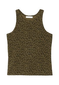 Débardeur vert olive avec un motif léopard noir. Tissu lisse avec un col arrondi et une conception sans manches.