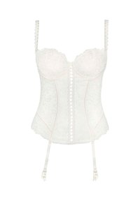 Corset en dentelle blanche avec bonnets structurés, fermeture à boutons décoratifs, bretelles en satin et clips de porte-jarretelles. Motif floral avec texture translucide.
