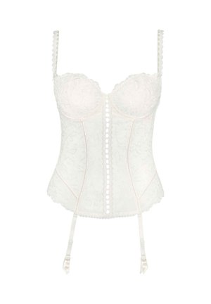 Corset en dentelle blanche avec bonnets structurés, fermeture à boutons décoratifs, bretelles en satin et clips de porte-jarretelles. Motif floral avec texture translucide.