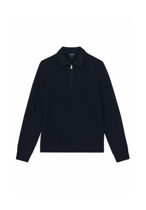 Dunkelblauer Pullover mit strukturiertem Strickmuster, ausgestattet mit einem kleinen Reißverschlusskragen und langen Ärmeln. Weicher Stoff mit gerippten Bündchen und Saum.